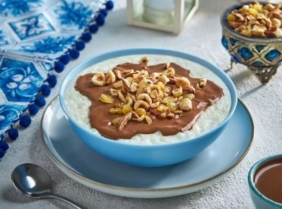 Rice with milk + nuts + Nutella